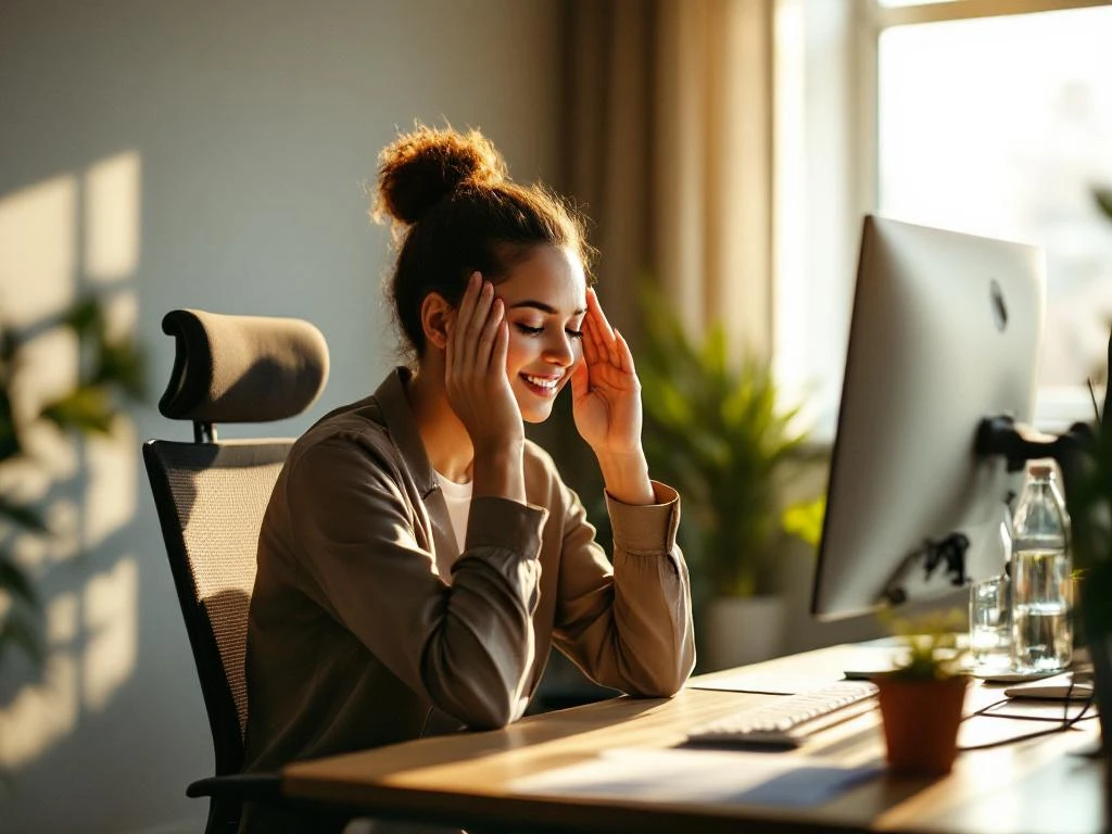 Kantoormedewerker masseert slapen aan ergonomische werkplek met monitor op ooghoogte en natuurlijk licht