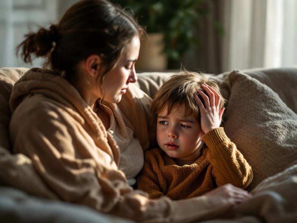 Kind van ongeveer 8 jaar met hoofdpijn zit op bank terwijl moeder troost biedt in warme woonkamer