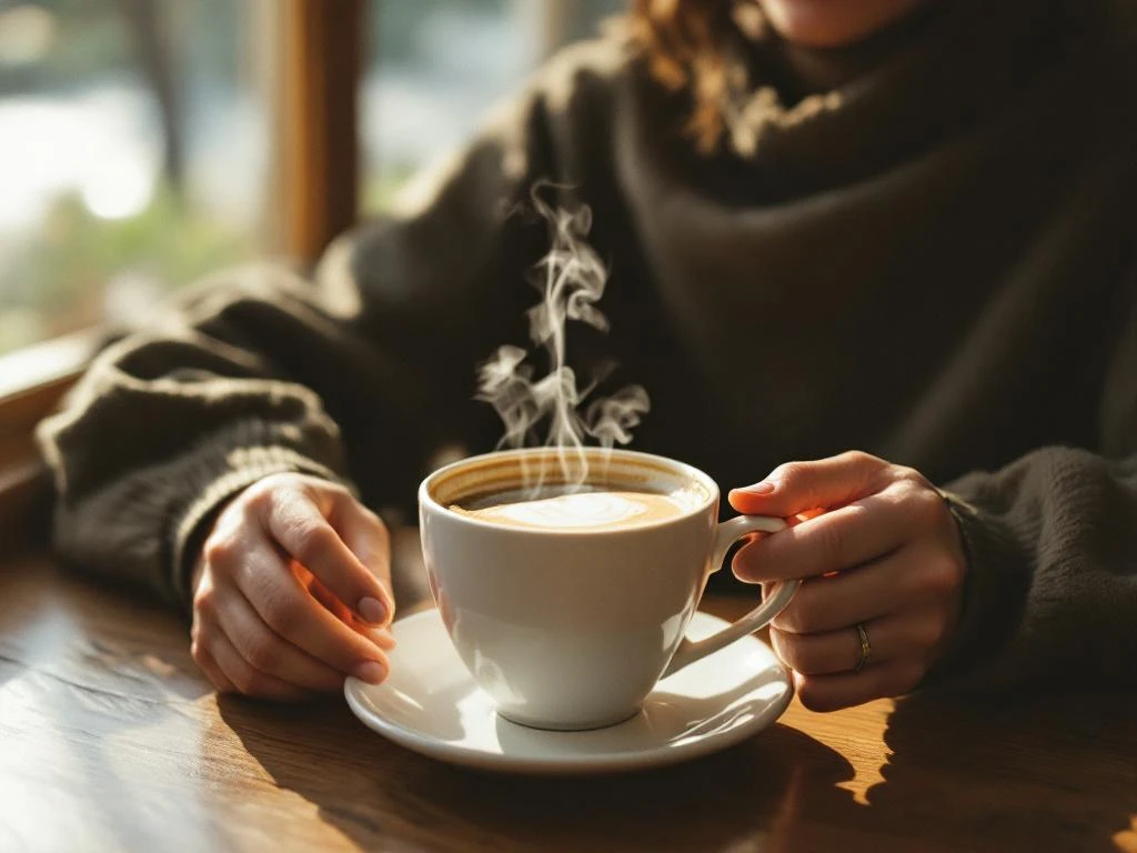 Persoon houdt koffiekop vast terwijl hij hand tegen slaap drukt, zittend aan houten cafétafel bij raam met ochtendlicht