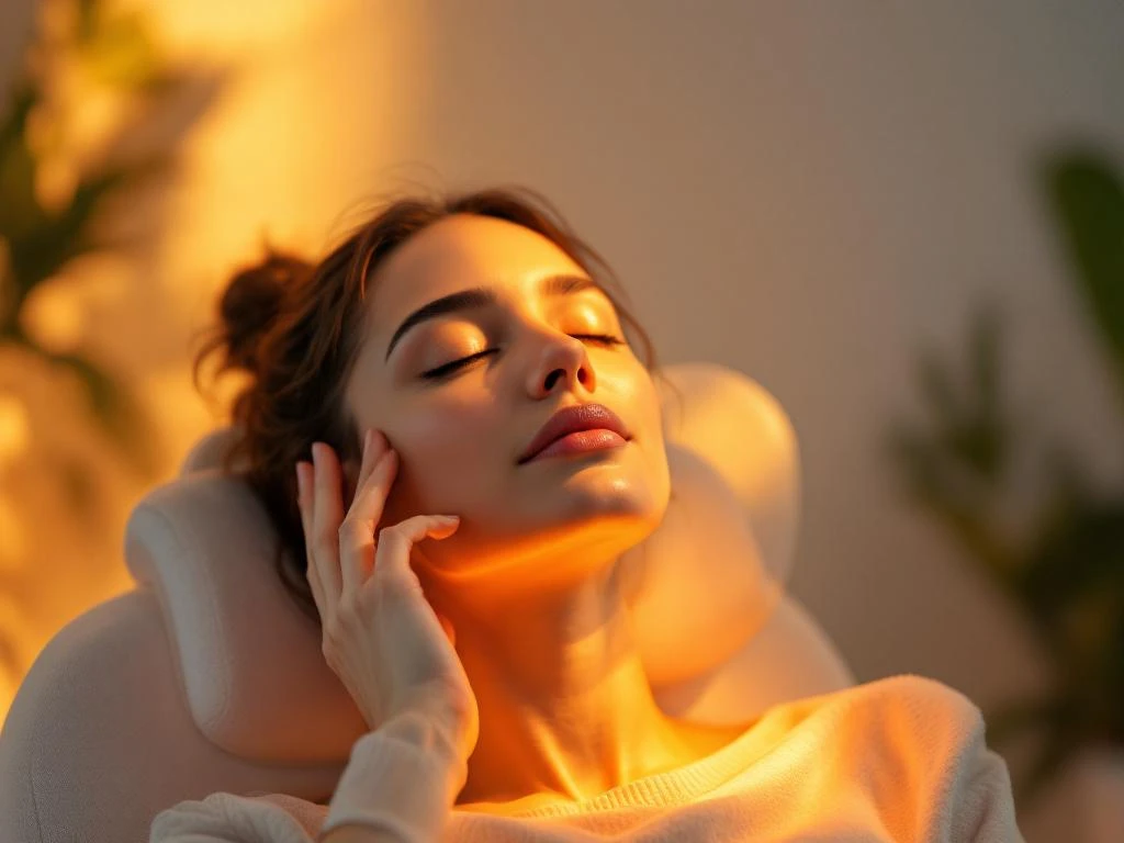 Persoon ontspant in stoel met gesloten ogen tijdens LED-lichttherapie, hand op slaap, warme gouden verlichting