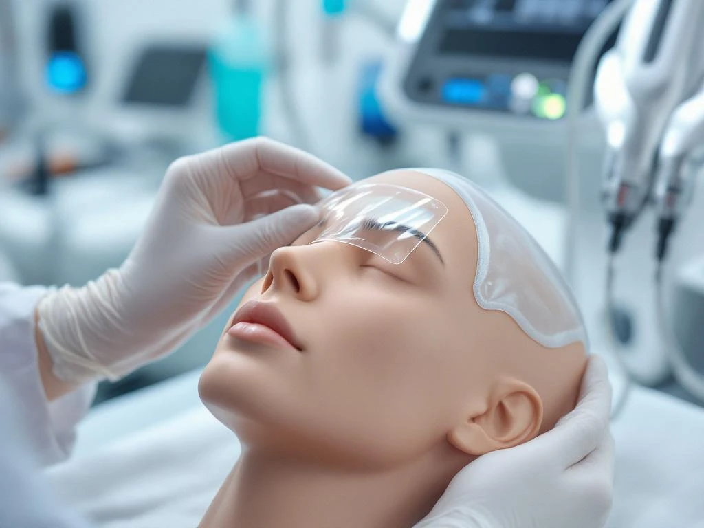 Scientist's hands placing translucent gel patch on human head model in modern medical laboratory with clinical equipment