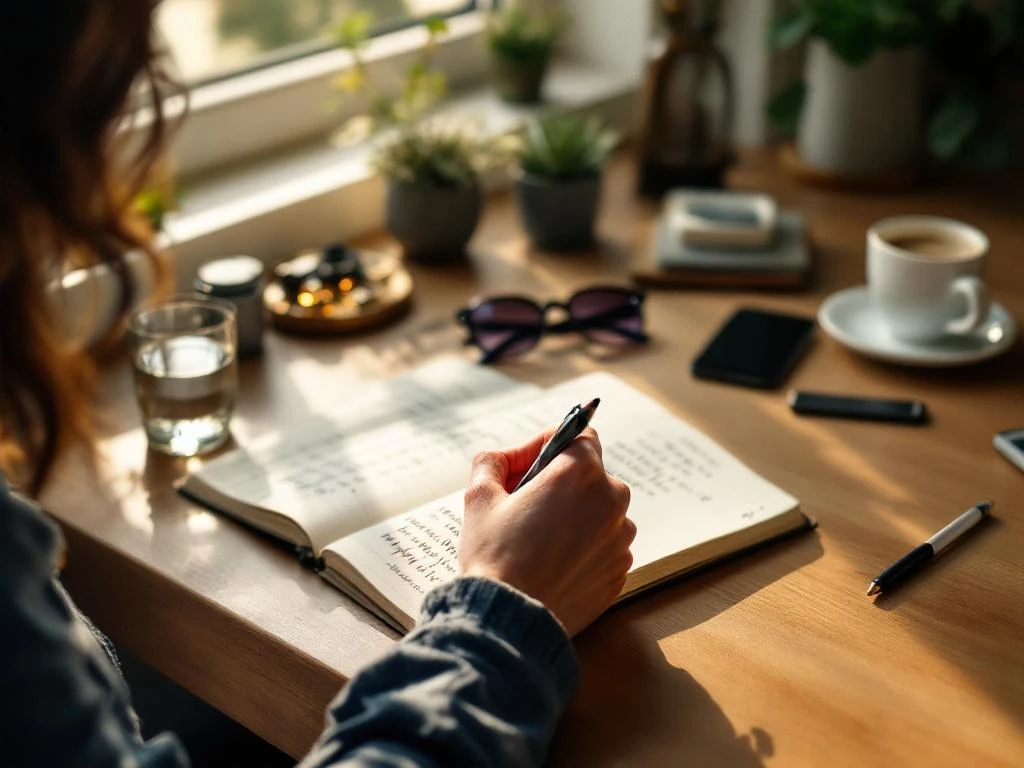 Persoon schrijft geconcentreerd in dagboek aan houten bureau met potentiële migraine triggers zoals koffie en telefoon