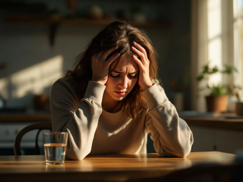 Persoon met migraine houdt hoofd vast aan keukentafel, ogen gesloten van pijn, glas water naast zich