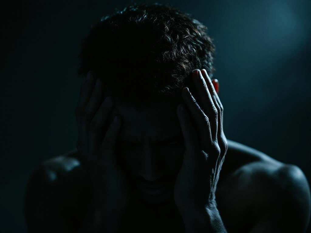 Persoon houdt hoofd vast met beide handen bij slapen, zichtbare hoofdpijn of migraine pijn in dramatisch licht