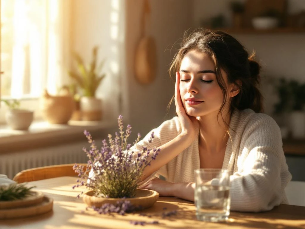 Vrouw masseert slapen voor migraine preventie aan houten tafel met water en lavendel in natuurlijk licht