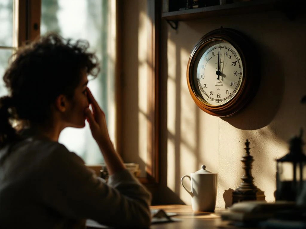 Persoon aan houten bureau houdt hoofd vast terwijl hij bezorgd kijkt naar barometer die dalende druk toont