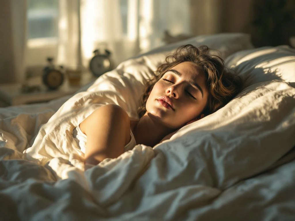 Persoon ligt vredig in bed met hand tegen slaap, zachte ochtendlicht door gordijnen, wekker en glas water op nachtkastje