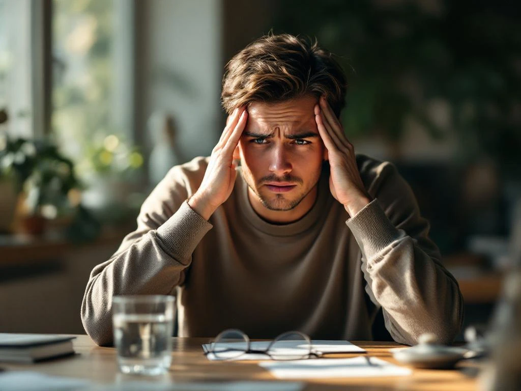Persoon met hoofdpijn houdt vingers tegen slapen aan houten bureau met glas water en bril in natuurlijk licht