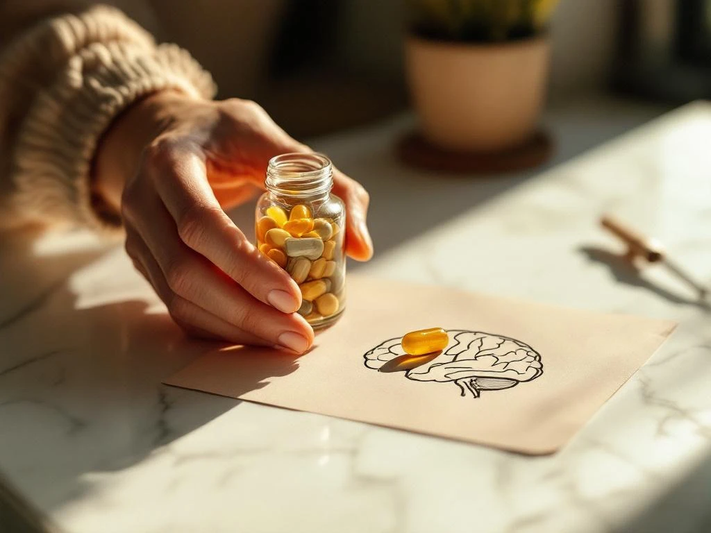 Hand houdt probiotica capsule boven hersenschema, glazen flesje met supplementen op marmeren aanrecht