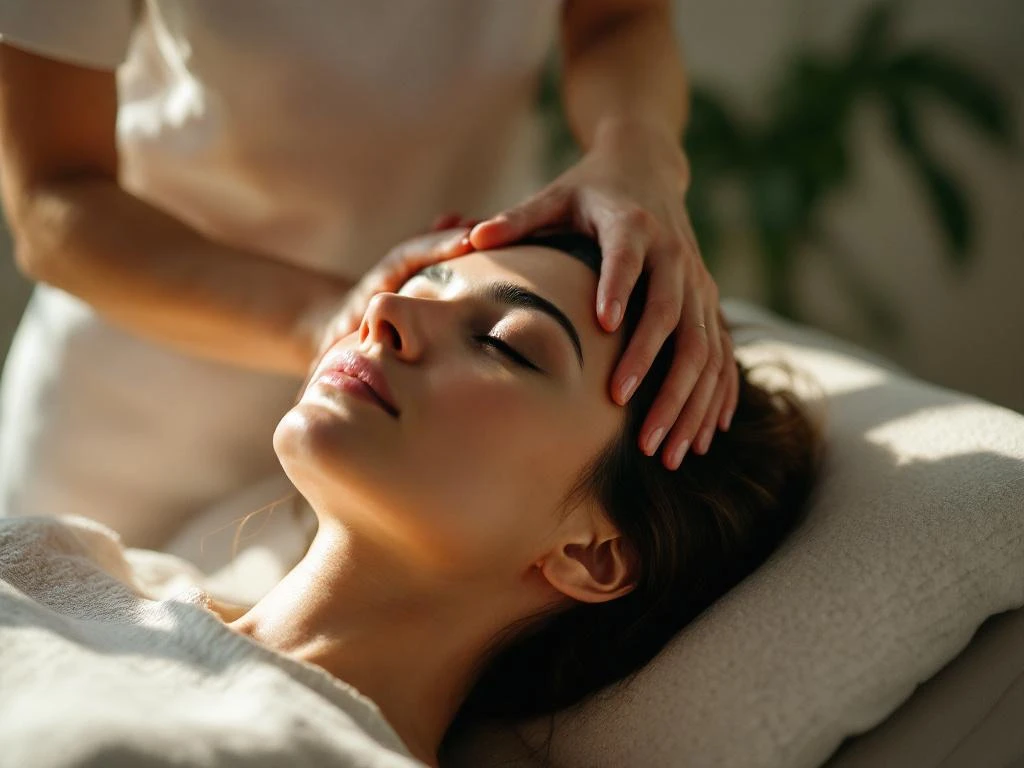 Patiënt ontvangt craniosacrale therapie van therapeut in rustige behandelkamer met natuurlijk licht