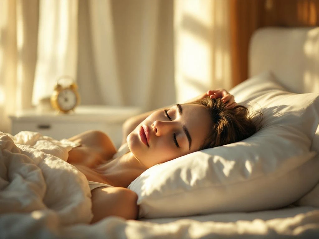 Persoon rust vredig in bed met hand op slaap, zacht ochtendlicht door gordijnen, analoge klok op nachtkastje