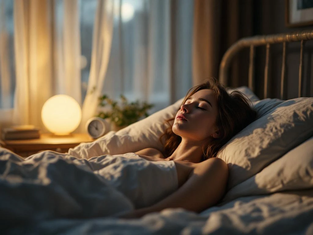 Persoon slaapt vredig in bed met witte lakens, zachte maanlicht door gordijnen, nachtelijke rust