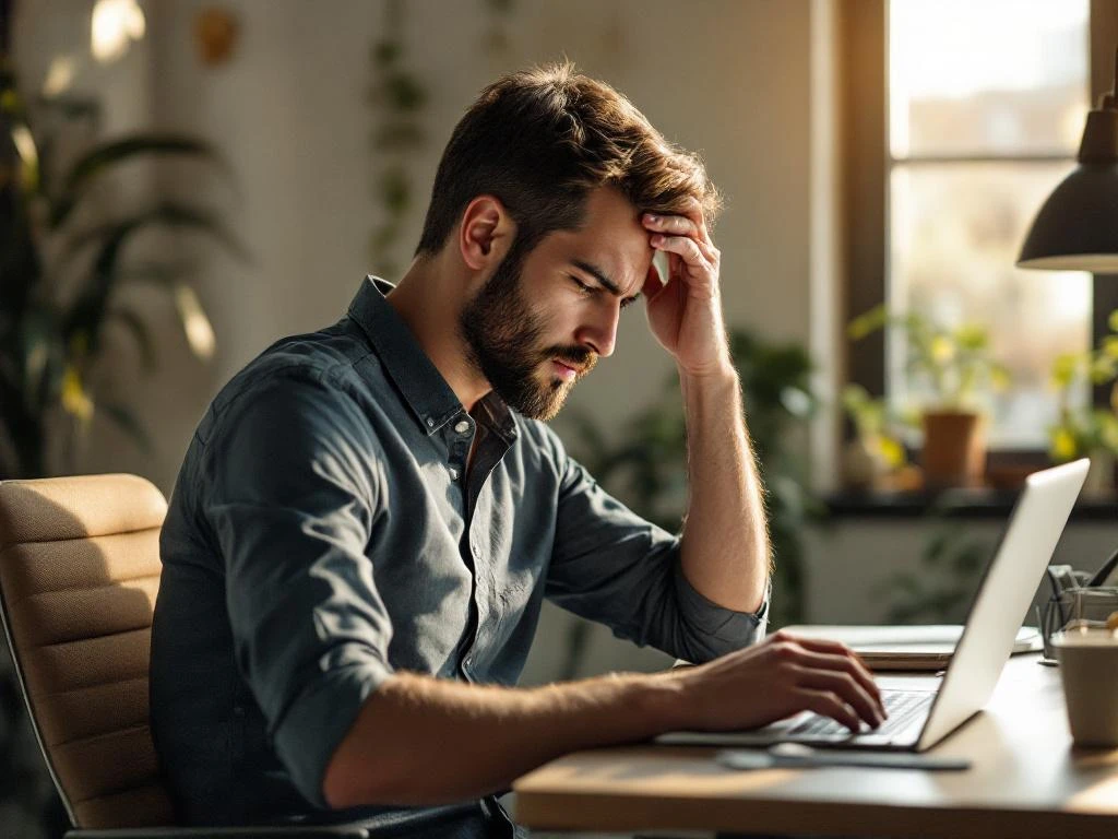 Persoon met slechte houding achter laptop raakt pijnlijke nek aan, voorovergebogen schouders bij modern bureau