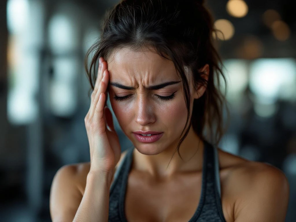 Sportieve vrouw houdt pijnlijk hoofd vast tijdens training in moderne sportschool, zweet op voorhoofd zichtbaar