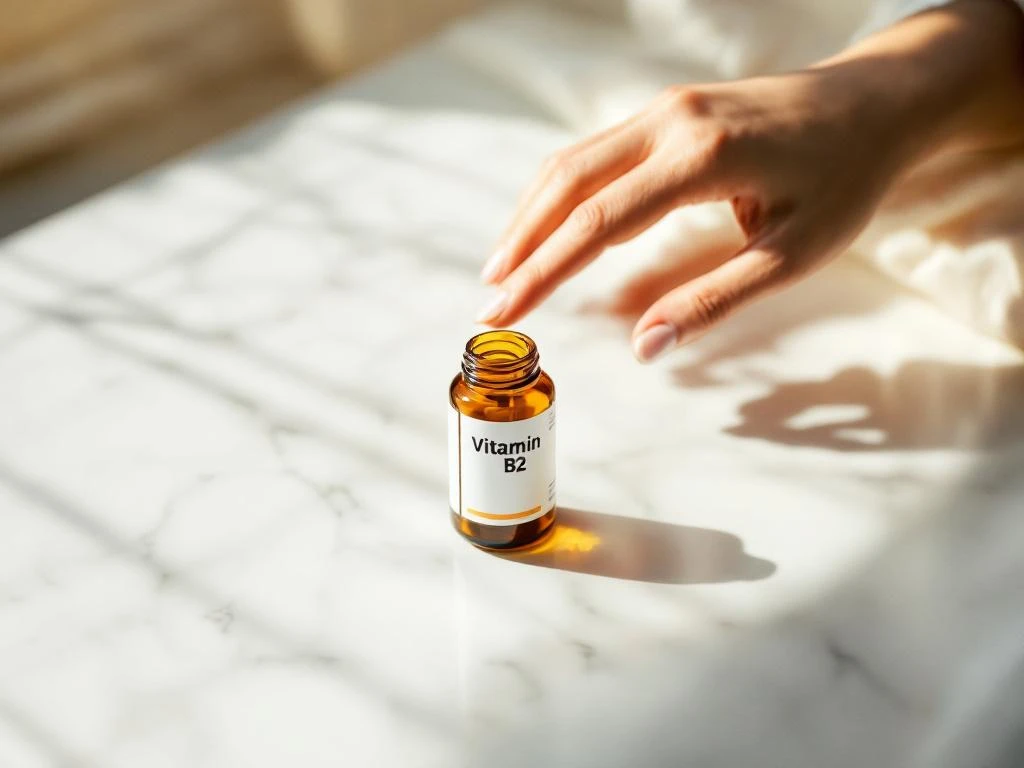Amber glazen fles vitamine B2 supplementen op marmeren oppervlak, vrouwenhand reikt ernaar voor verlichting
