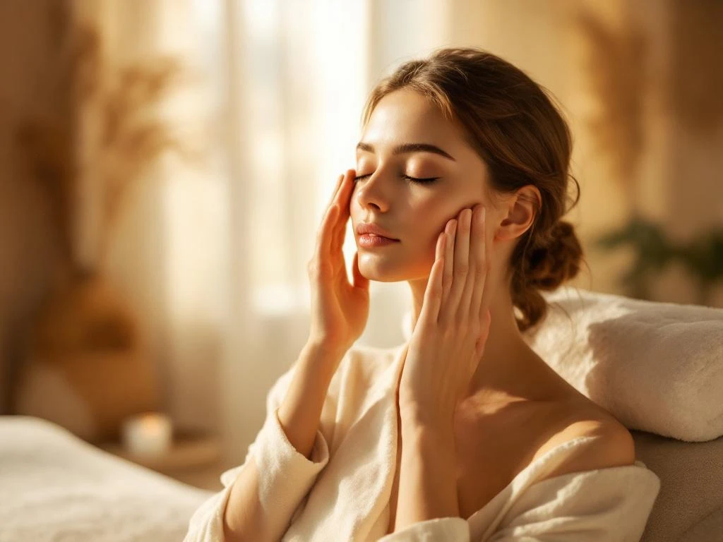 Vrouw masseert slapen in meditatiepositie op kussen in rustige spa-omgeving met natuurlijk licht