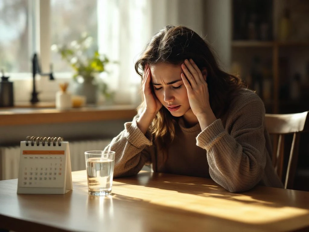 Vrouw houdt hoofd vast van hoofdpijn aan keukentafel met glas water en kalender in ochtendlicht