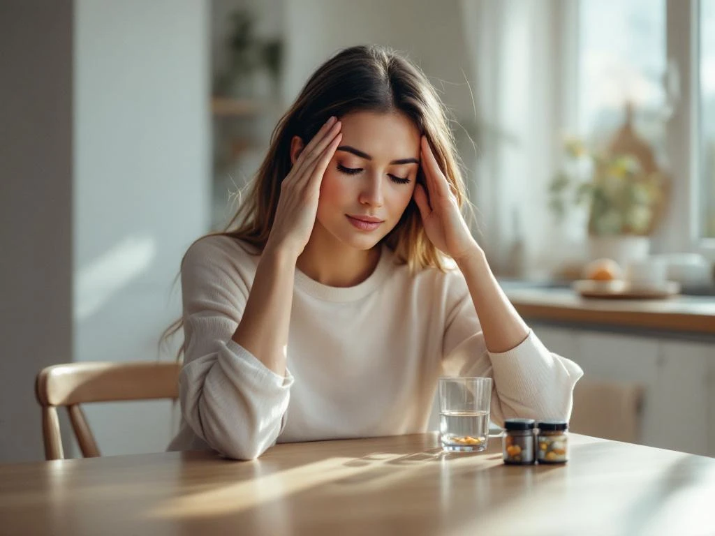 Vrouw van dertig massageert slapen aan keukentafel met glas water en pillendoosje, zachte ochtendlicht door raam