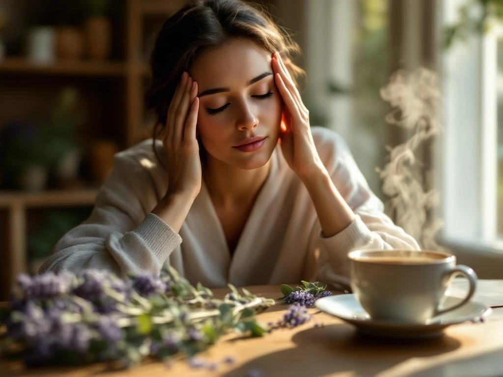 Vrouw masseert haar slapen met gesloten ogen naast lavendel, eucalyptus en dampende kruidenthee op houten tafel