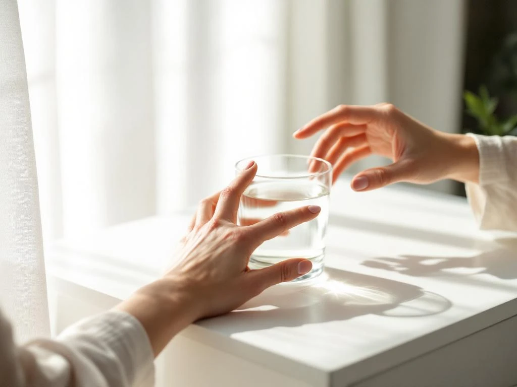 Vrouw reikt naar glas water op nachtkastje terwijl ze haar slaap aanraakt, zachte ochtendlicht door gordijnen