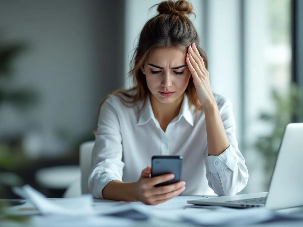 Gestresste zakenvrouw met hoofdpijn aan bureau met laptop en smartphone, omringd door papieren in kantoor