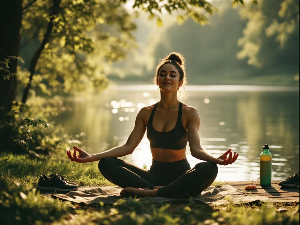 Vrouw in sportkleding doet yoga-stretch bij meer in ochtendlicht, sportschoenen en waterfles op houten steiger