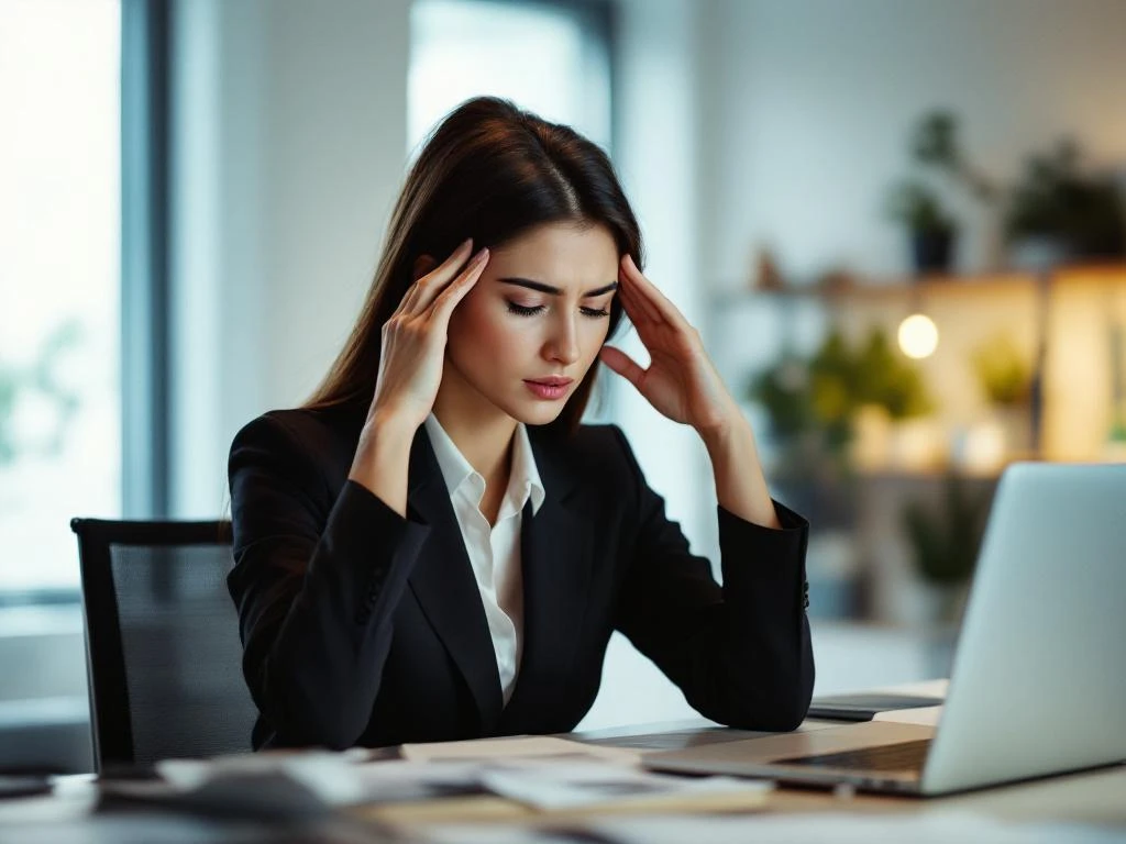 Zakenvrouw met hoofdpijn aan bureau met laptop en papierwerk, werkstress in modern kantoor