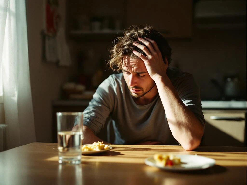 Persoon met maagklachten zit aan keukentafel met hand op buik, water en eten in de buurt, zachte natuurlijke verlichting