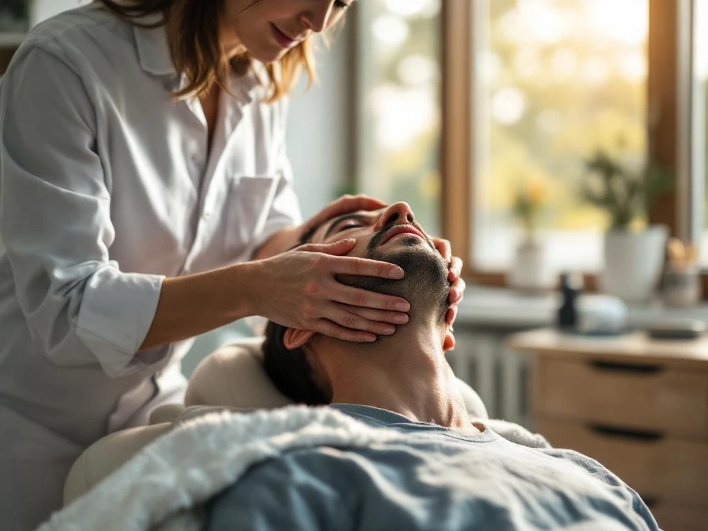 Chiropractor onderzoekt kaak en nek van patiënt in moderne behandelkamer met natuurlijk licht