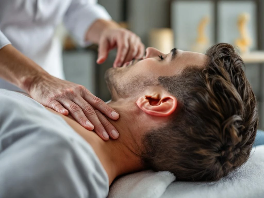 Chiropractor onderzoekt nek en bovenrug van patiënt op behandeltafel in medische praktijk