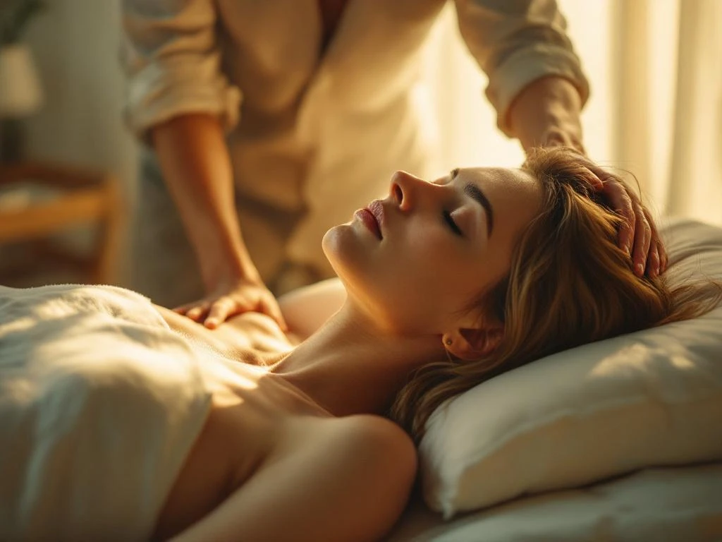 Chiropractor past ruggengraat van rustende patiënt aan in bed met zachte ochtendlicht door gordijnen