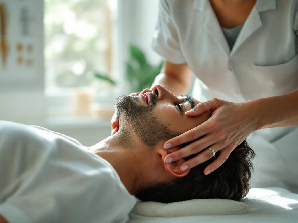 Chiropractor onderzoekt nek van patiënt op behandeltafel in medische praktijk met natuurlijk licht