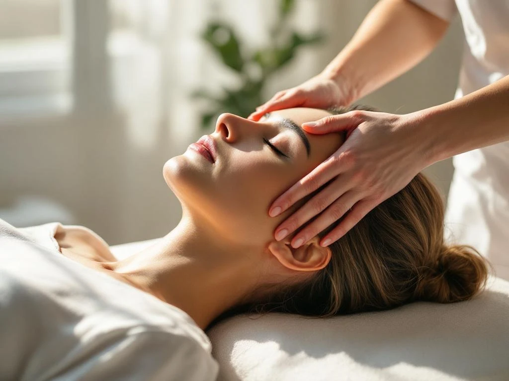 Therapeut voert craniale therapie uit op patiënt liggend op behandeltafel in professionele medische omgeving
