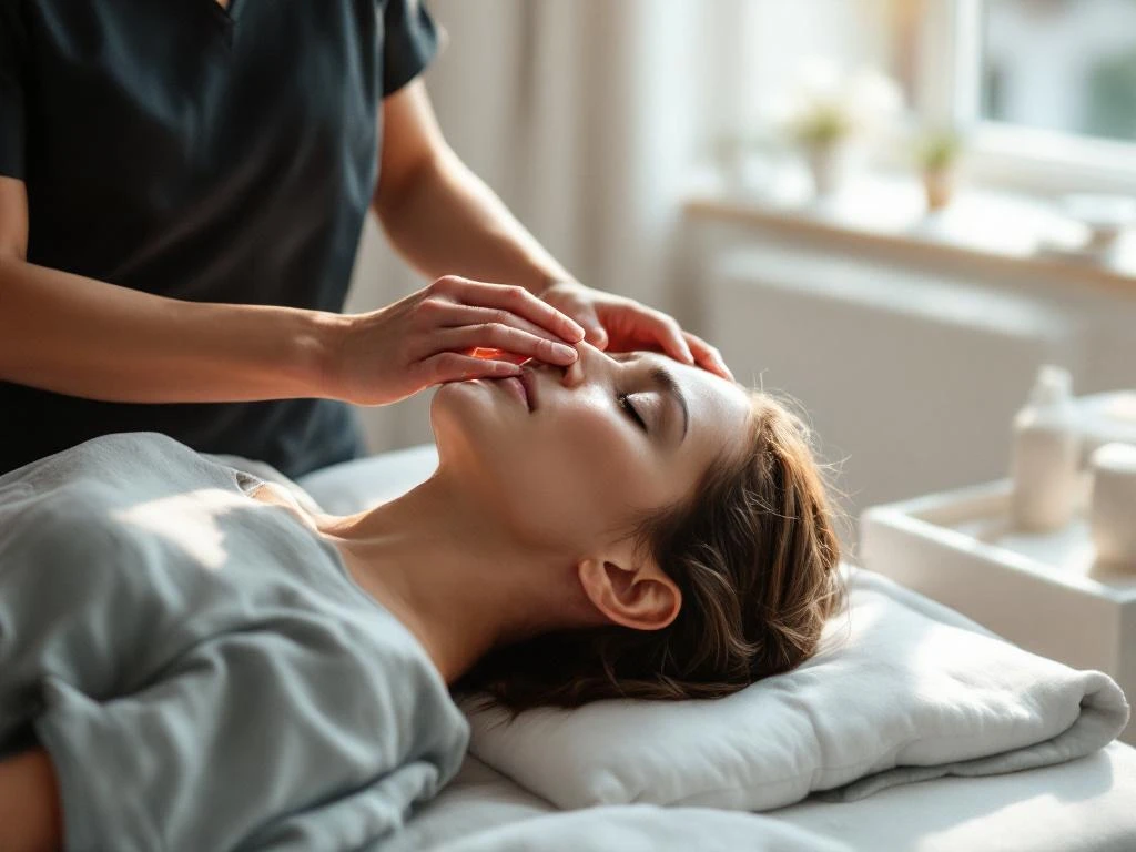 Zorgverlener voert cranio-faciale release therapie uit op patiënt in rustige behandelkamer met natuurlijk licht