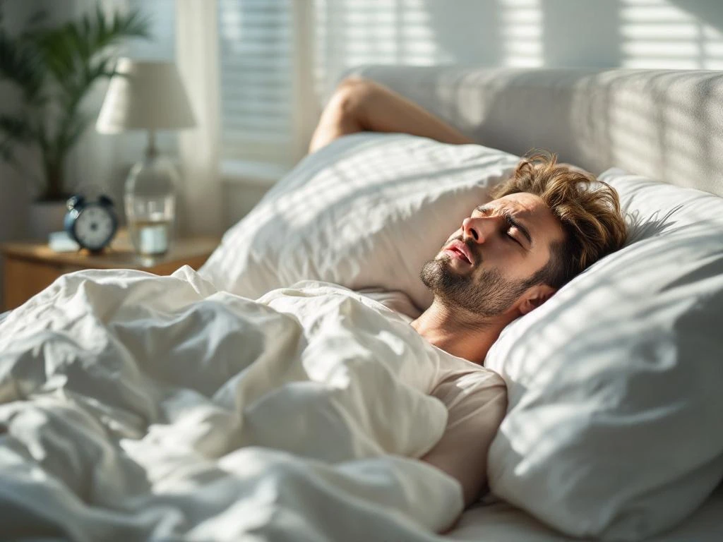 Persoon met hoofdpijn ligt in bed met hand tegen voorhoofd, ochtendlicht door luxaflex, glas water op nachtkastje