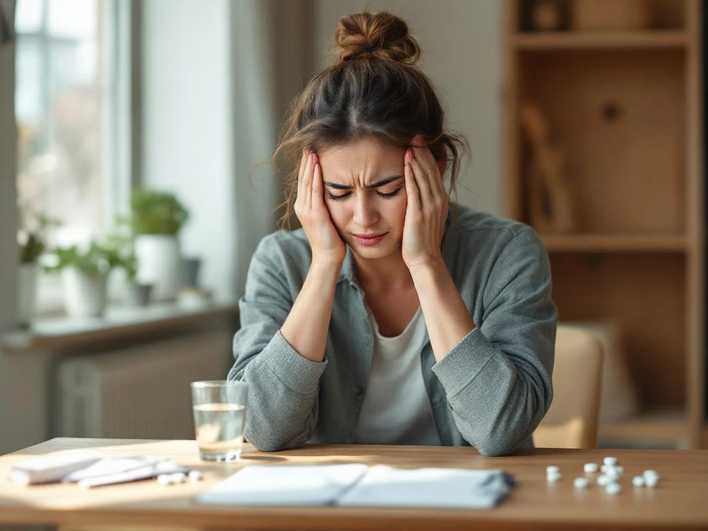 Persoon met hoofdpijn houdt hoofd vast aan houten bureau met aspirine en glas water in natuurlijk licht