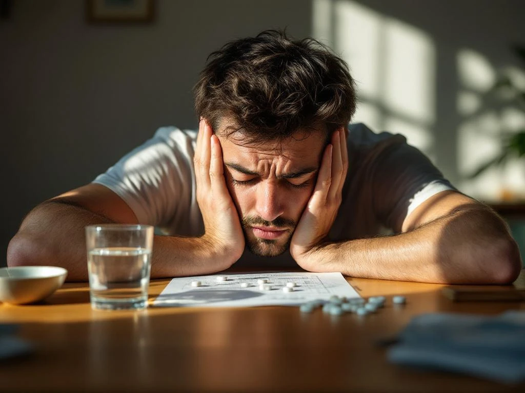 Persoon met hoofdpijn zit aan bureau met hoofd in handen, aspirine en glas water op tafel, natuurlijk licht