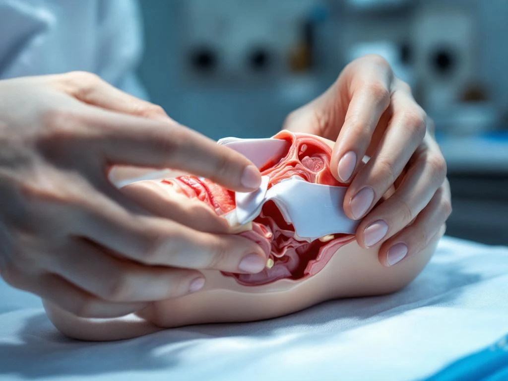 Dokter demonstreert nasal strip toepassing op anatomisch neusmodel op medische onderzoekstafel