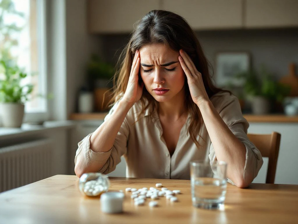 Vrouw houdt hoofd vast van hoofdpijn aan keukentafel, pillenflacon en lege glas water ernaast in natuurlijk licht