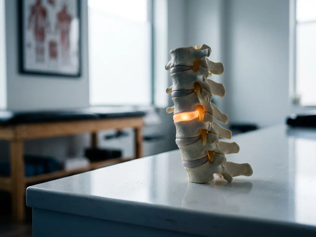 Anatomisch doorsnede-model van de cervicale wervelkolom met uitgelichte tussenwervelschijf op witte klinische ondergrond.