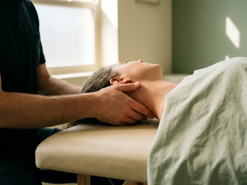 Chiropractor die met beide handen de cervicale wervelkolom van een patiënt ondersteunt op een behandeltafel, zacht natuurlijk licht.