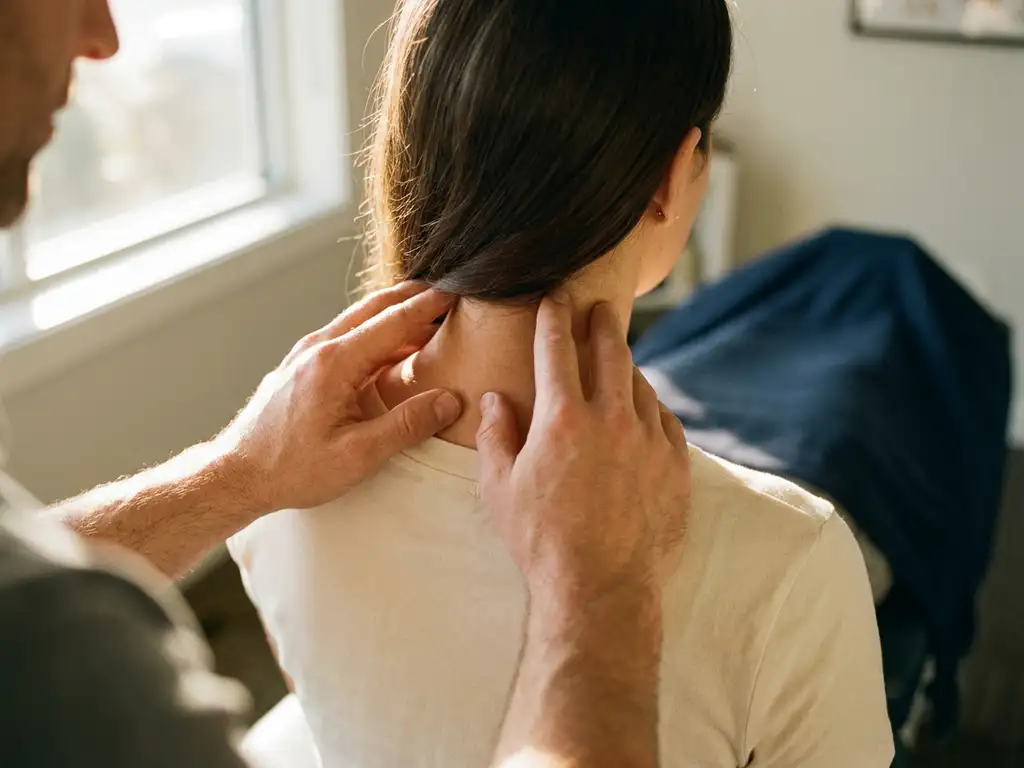 Chiropractor die met beide handen de cervicale wervelkolom van een patiënt ondersteunt tijdens een nekbehandeling.