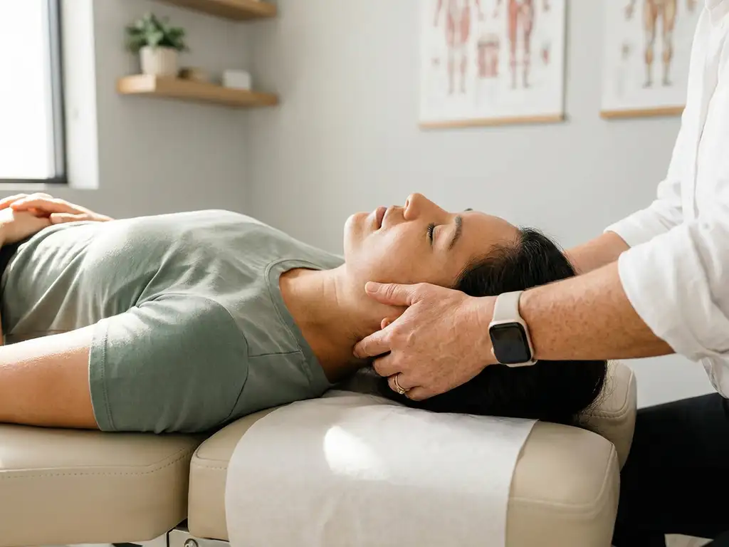 Chiropractor die een nekbehandeling uitvoert bij een ontspannen patiënt op een behandeltafel, warm zijlicht.