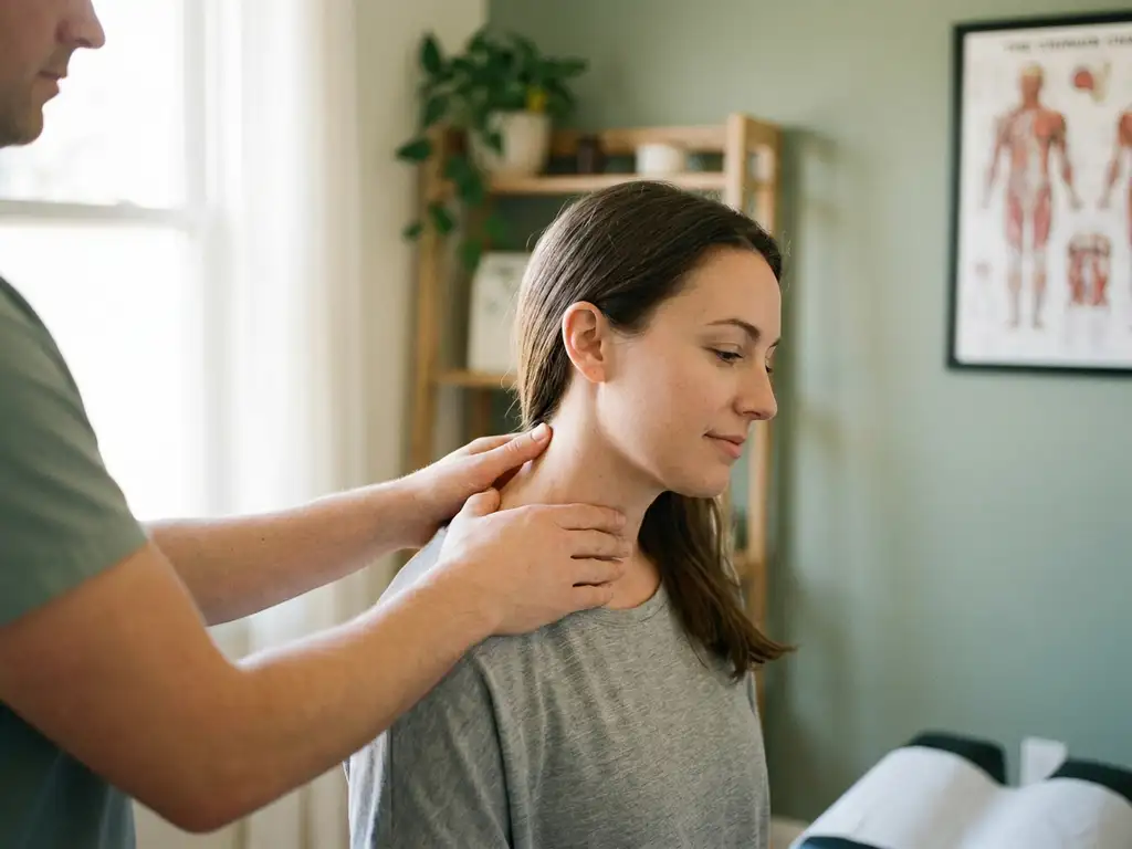 Chiropractor ondersteunt zachtjes de nek van een zittende patiënt tijdens een behandeling in een lichte klinische ruimte.