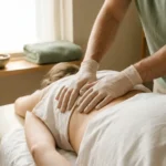 Chiropractor die een lage rugaanpassing uitvoert bij een patiënt op een behandeltafel in een rustige klinische omgeving.