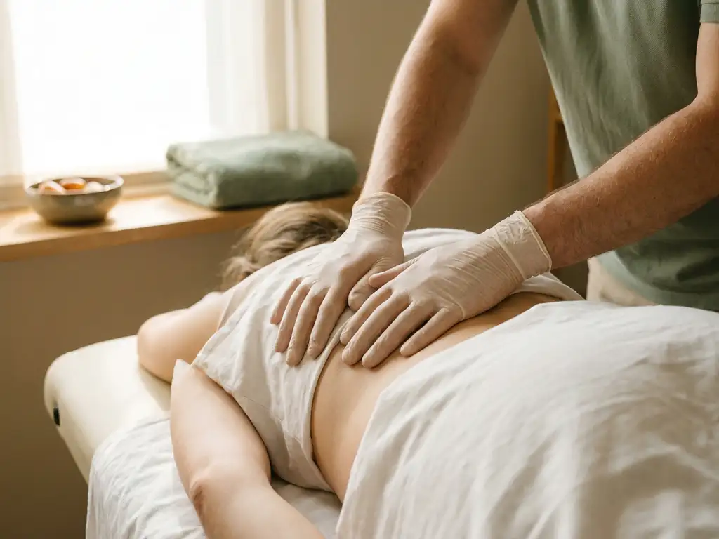 Chiropractor die een lage rugaanpassing uitvoert bij een patiënt op een behandeltafel in een rustige klinische omgeving.