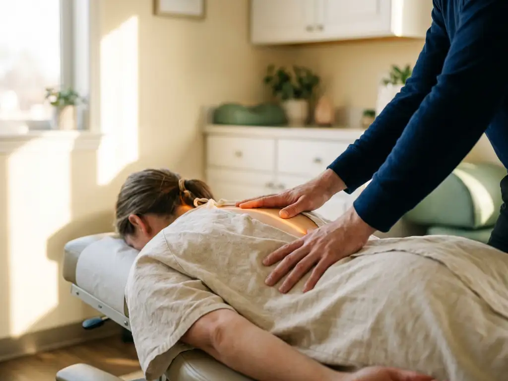 Chiropractor die een ruggengraatmanipulatie uitvoert op een patiënt die op een behandeltafel ligt, warm klinisch licht.