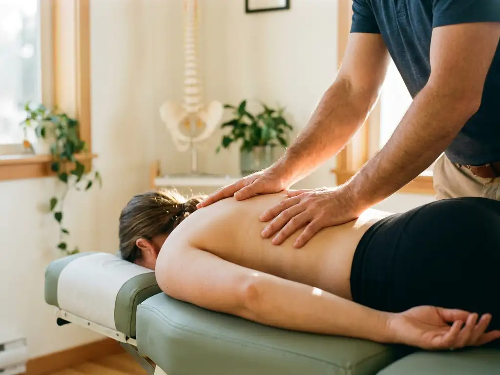 Chiropractor voert wervelkolommanipulatie uit op patiënt op behandeltafel, anatomisch wervelkolommodel zichtbaar op achtergrond.