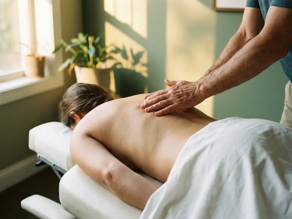 Chiropractor die wervelkolom van patiënt uitlijnt op behandeltafel, warm gouden licht, rustgevende klinische sfeer.