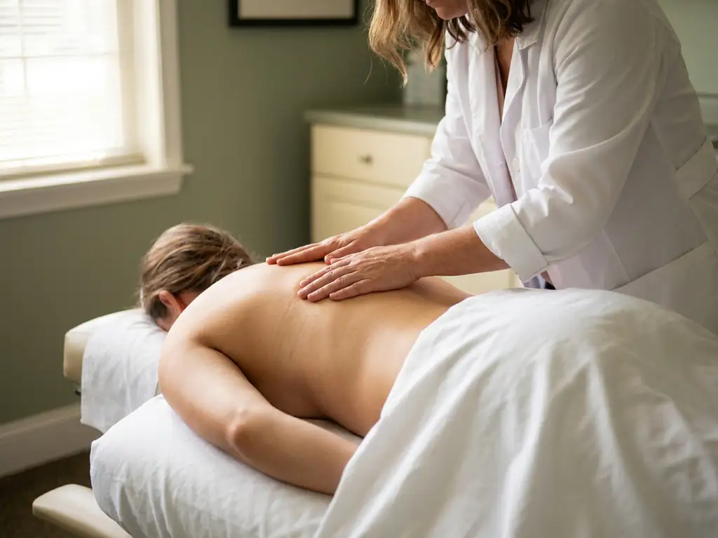 Chiropractor die een wervelkolombehandeling uitvoert op een patiënt op een witte behandeltafel in een rustige klinische omgeving.